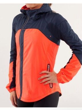 lululemon athletica Women's Neon Orange and Navy Hooded Run Jacket